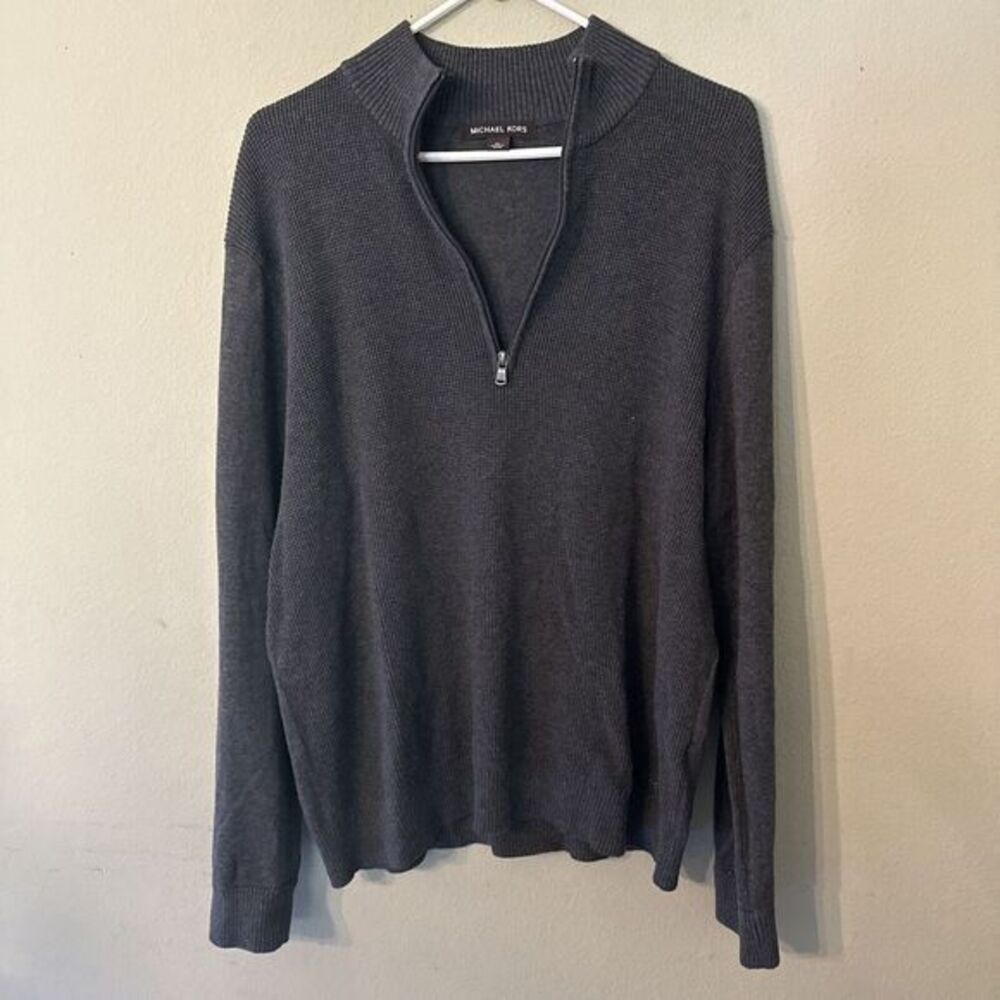 Michael Kors Men's Sweater Grey 1/4 Zip‎ Knit Cotton Sz XL High Neck Long Sleeve